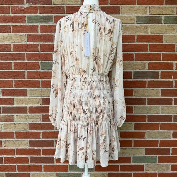 House of Harlow NWT 1960 Long Sleeve Cream Tan Floral Smocked Mini Dress 👗 - Picture 8 of 17